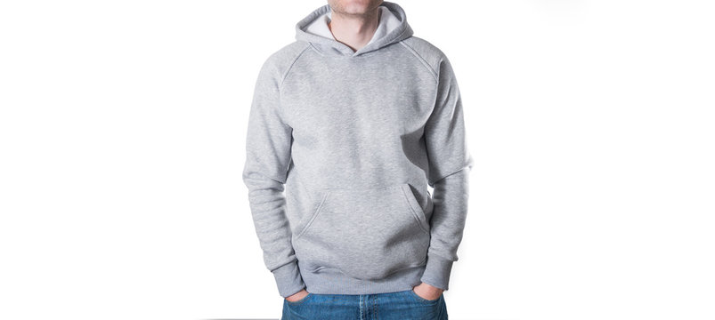 Man, Guy In Blank Grey Hoodie, Sweatshirt, Mock Up Isolated. Design Presentation.