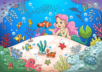 cute cartoon mermaid underwater world