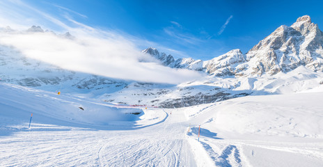 Fototapeta na wymiar Panoramic view of Italian Alps from Cime Bianche in the winter in the Aosta Valley region of northwest Italy.