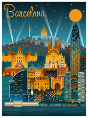 Barcelona at night. Handmade drawing vector illustration.  - obrazy, fototapety, plakaty