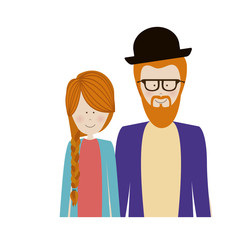 color silhouette half body with couple redhead and man with beard and glasses and hat vector illustration