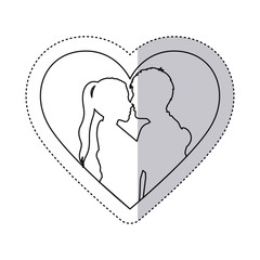 sticker monochrome contour with heart frame and half body couple hugged vector illustration