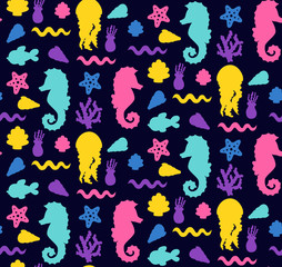 Underwater silhouettes seahorse jelly fish shell summer marine seamless vector pattern © olizabet