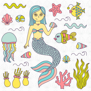 Meramaid doodle sea symbols colorful collection