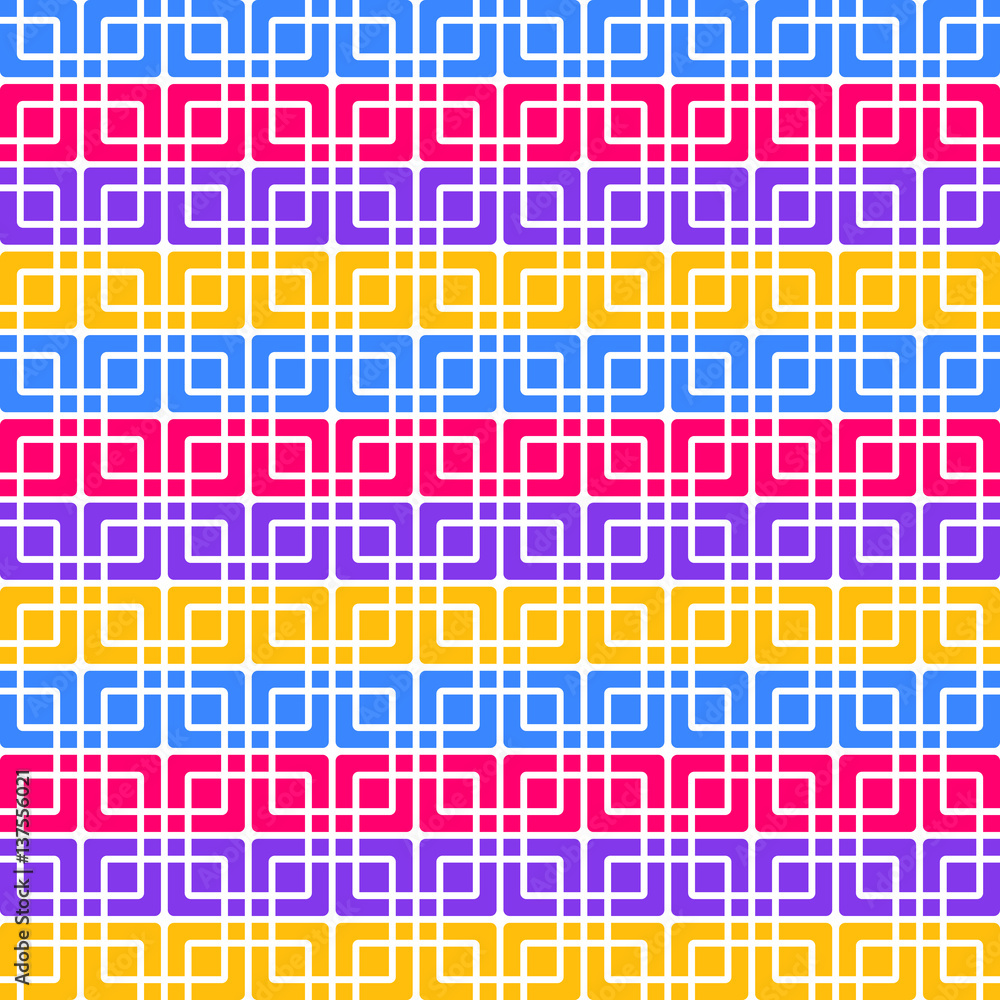 Poster seamless geometric colorful pattern of squares and flowing lines.