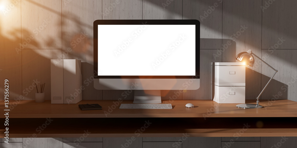 Poster Modern dark desk office interior with computer and devices 3D rendering