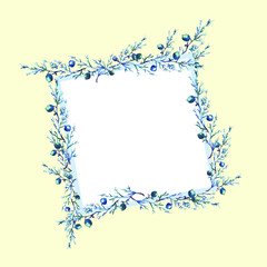 Watercolor card, frame with a pattern of wild trasteny, herbs. Juniper, branches with berries, blue.