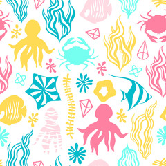 Seamless pattern with cartoon underwater plants and creatures. Can be used for invitations, greeting cards, print, gift wrap. Sea food theme.