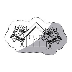 sticker monochrome contour house with trees vector illustration