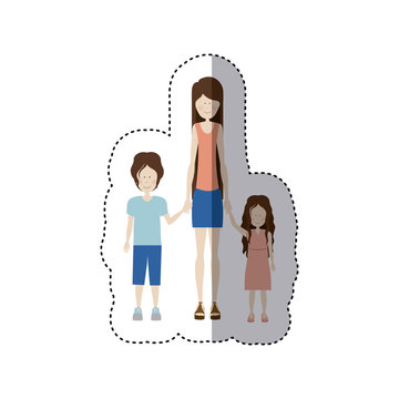 Sticker Color Silhouette With Kids And Mom With Skirt And Shirt Vector Illustration