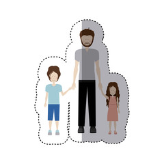 sticker color silhouette with kids and dad with beard vector illustration