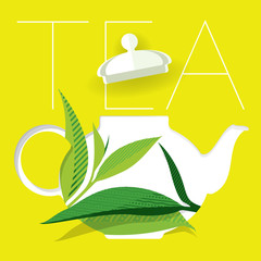carved teapot circuit on yellow background and green tea leaf
