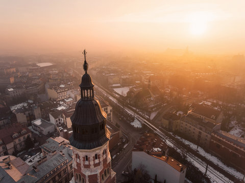 Drone aerial view over Church in Krakow, Poland