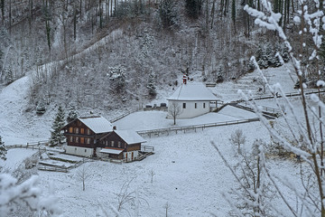 Obere Ranftkapelle im Winter, Flüeli-Ranft ob Sachseln, Obwalden, Schweiz