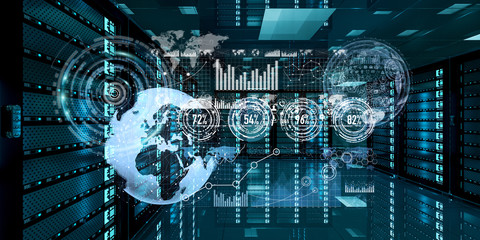 Graph holograms flying over server room data center 3D rendering