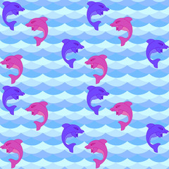 Seamless pattern of waves, water ,hilarious dolphins. For Wallpaper and fabrics. Vector illustration.