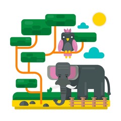 Elephant near fence and bird on abstract branches. Zoo picture