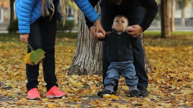 Family in autumn leaves at park