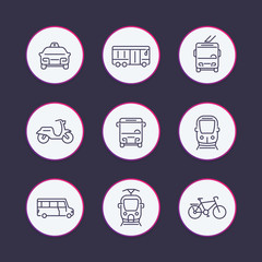 City transport line icons set, tram, train, bus, bike, taxi, trolleybus round vector pictograms