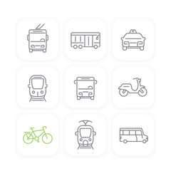 City transport, bus, transit van, cab, train, taxi line icons set