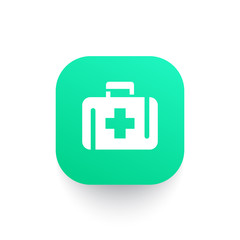 First aid kit icon, medicine chest symbol on green shape