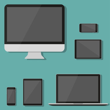 Modern technology device in a flat design. Monitor, laptop, tablet, smartphone