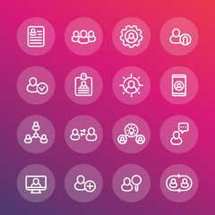 Human resources and management line icons set, HR, personnel, staff rotation, interaction, resume, hiring, vacancy