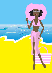 Obraz na płótnie Canvas girl sunbathe on the sea beach wearing pink hat and sunglasses