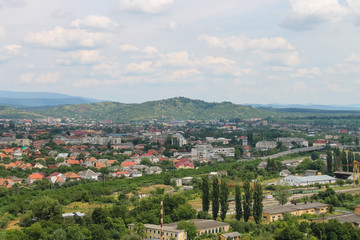 Fototapeta na wymiar Panorama of Mukachevo. View from Palanok Castle hill. Ukraine