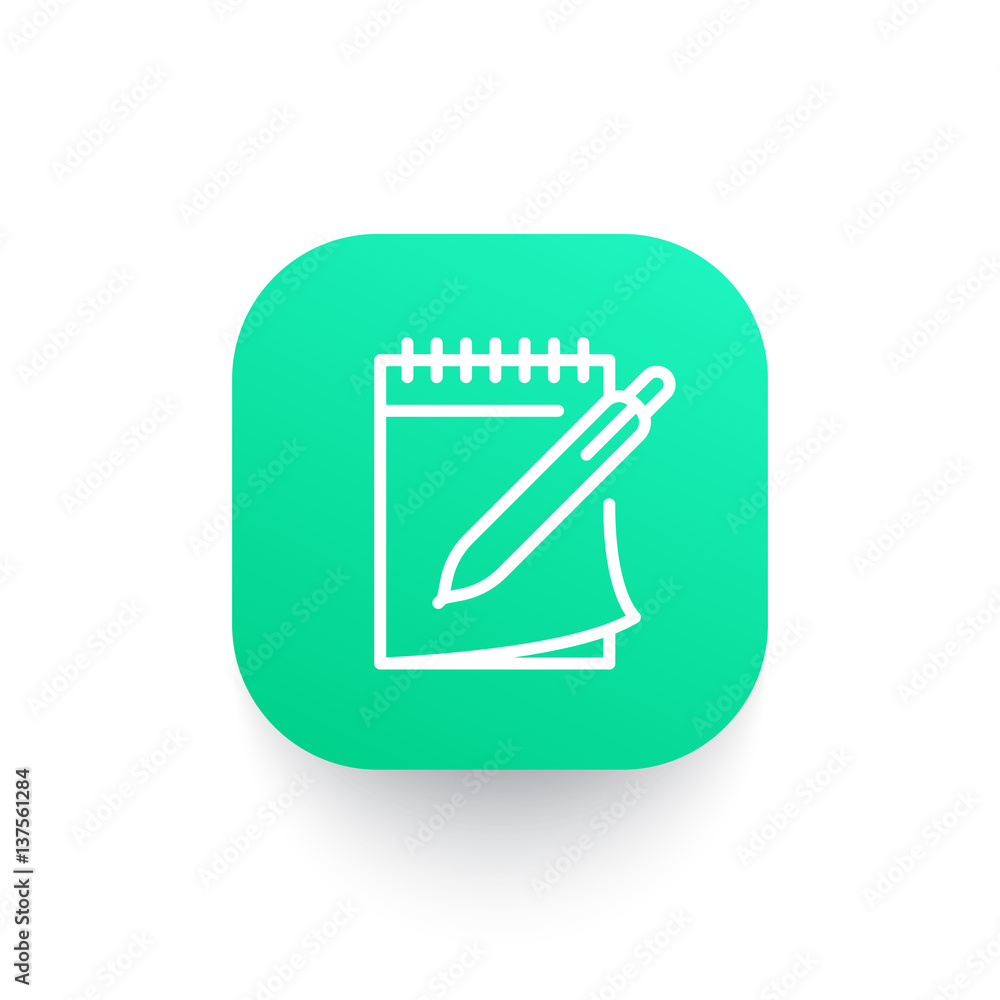 Poster notebook and pen icon in linear style, note, diary sign, vector illustration