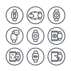 smart watch line icons in circles over white, fitness app, synchronization with cloud or smartphone, wearable device, charging,