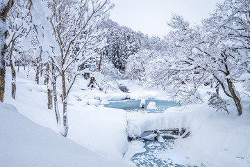 Winter Landscape around the famous traditional gassho-zukuri farmhouses village Shirakawa-go in Japan