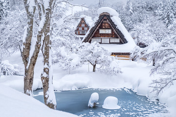 Famous traditional gassho-zukuri farmhouses in Shirakawa-go village, Japan.In the winter all village are covered with snow.