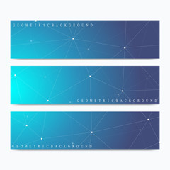 Scientific standard size banners. Geometric abstract presentation. Medical, science, technology, chemistry background molecule and communication. Cybernetic dots. Lines plexus. Card surface.