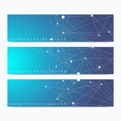 Modern set of vector banners. Geometric abstract presentation. Molecule DNA and communication background for medicine, science, technology, chemistry. Cybernetic dots. Lines plexus.