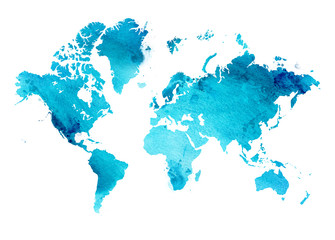 Illustrated map of the world with a isolated background. blue heaven watercolor