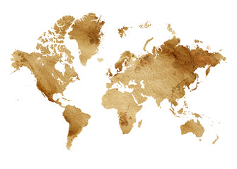 Illustrated map of the world with a isolated background. brown sepia watercolor