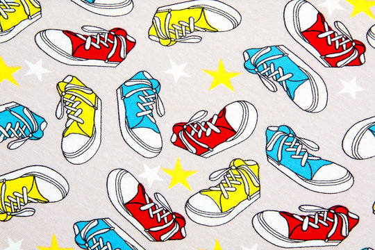 Abstract colorful seamless texture pattern with sneakers and stars. 