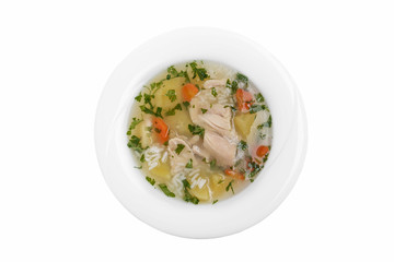chicken soup traditional Georgian dish white background top view