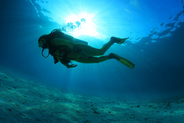 Silhouette of scuba diver