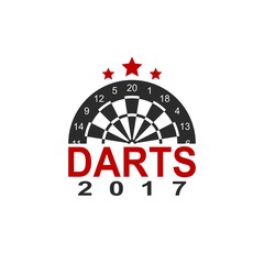 Fototapeta na wymiar Darts label sports emblem and symbol isolated on white background. Dart board target icon. Vector Illustration