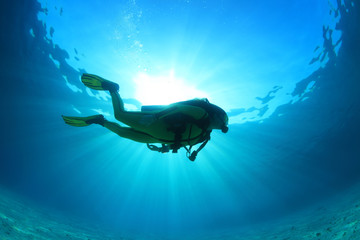 Silhouette of scuba diver