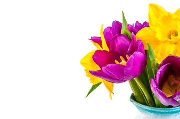 fresh purple tulip, yellow flowers close up isolated on white background Bouquet snowdrops on wooden background. Spring flowers. Mother's Day, Valentines Day, Women's Day. Copyspace.