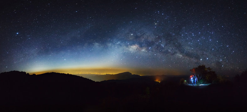 Panorama Milky Way Galaxy at Doi inthanon Chiang mai, Thailand. Long exposure photograph. With grain