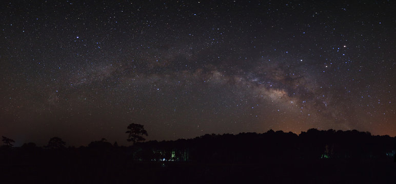 Panorama milky way galaxy. Long exposure photograph.With grain