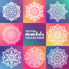 Vector set of arabic mandala on hipster gradient background. Bohemian ornament for posters and logo design. Colorful template collection.