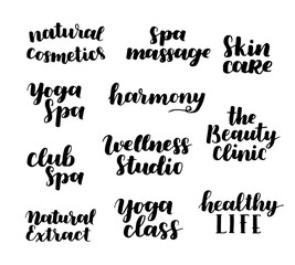 Vector health and beauty care logos or labels. Spa, yoga centers badges. Wellness signs. Hand drawn tags and elements set for organic cosmetics, natural products.