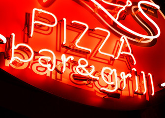 Some of the bright neon sign cafe, pizzeria, grill