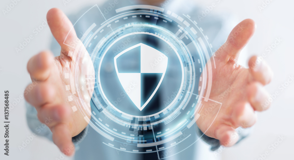 Poster businessman using shield safe protection to protect his datas 3d rendering