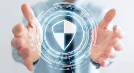 Businessman using shield safe protection to protect his datas 3D rendering